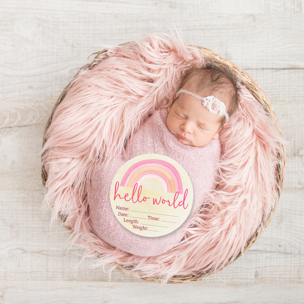 Hello World Pink Rainbow Wooden Birth Disc by Timber Tinkers