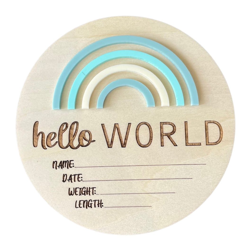 Hello World Rainbow Blue Skies birth announcement disc