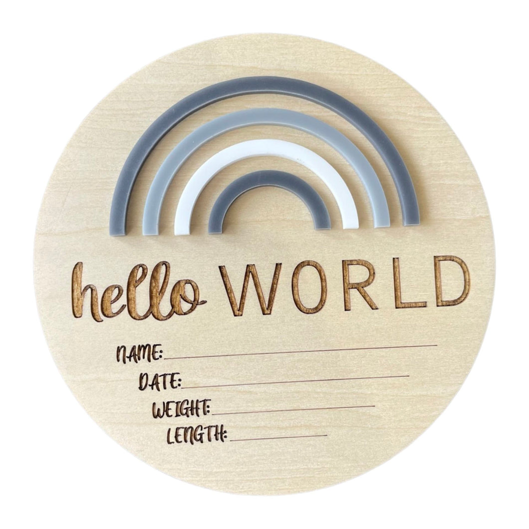 Hello World! Rainbow Rainbow Greys birth announcement disc by Timber Tinkers