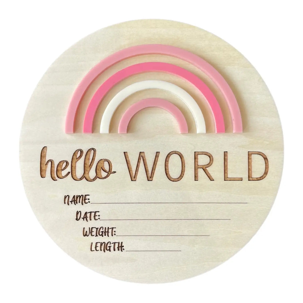 Hello World! Rainbow pretty pinks birth announcement disc by Timber Tinkers